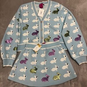 QUEEN OF SPARKLES Blue Sweater skirt Set with Sequin Bunnies